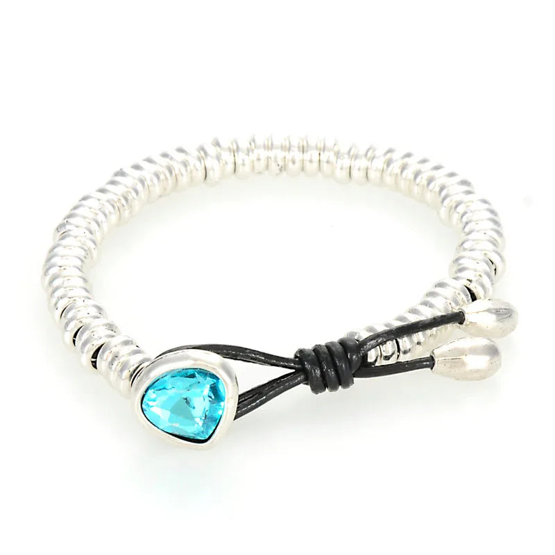 Miasol Crystal Heart Charm Leather Wrap Bracelet