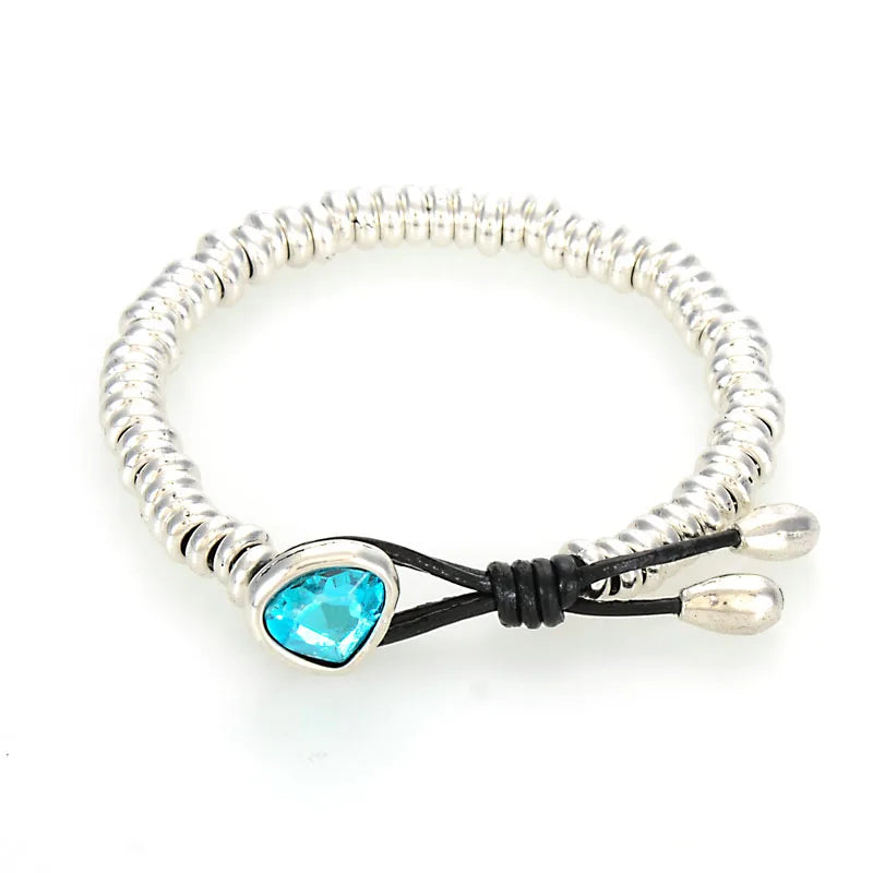 Miasol Crystal Heart Charm Leather Wrap Bracelet