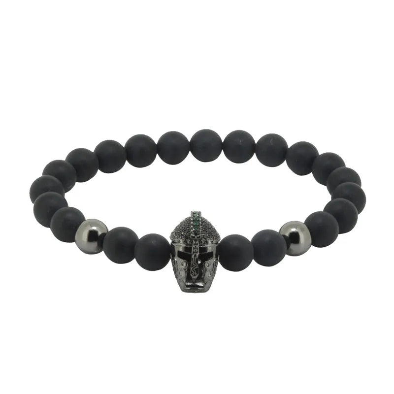 Micro Pave CZ Roman Warrior Helmet Bracelet Matte Stone Bead Bracelet Men