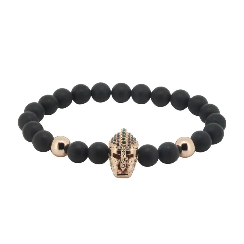 Micro Pave CZ Roman Warrior Helmet Bracelet Matte Stone Bead Bracelet Men