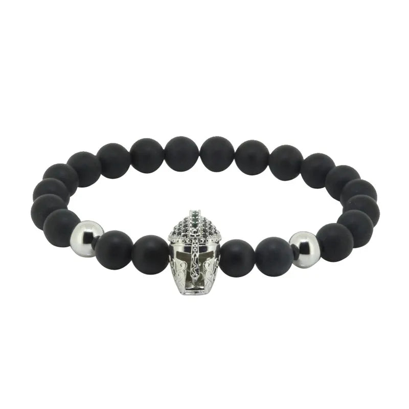 Micro Pave CZ Roman Warrior Helmet Bracelet Matte Stone Bead Bracelet Men