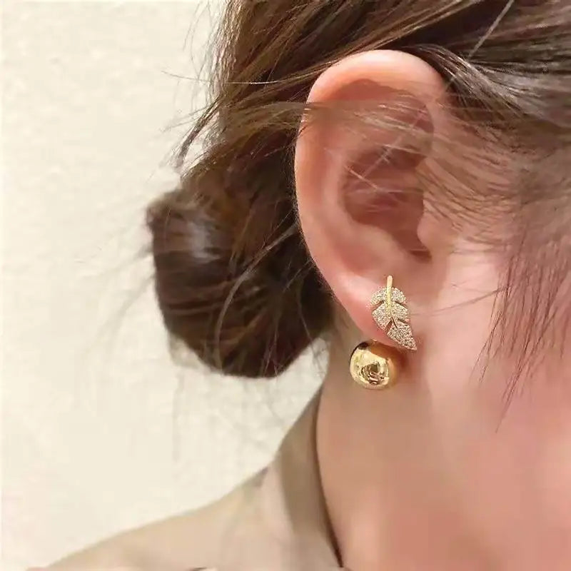 Golden Leaf Ball Stud Earrings Front And Back Earings