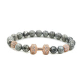 Micro Pave Men CZ Copper Beaded Dumbbell Bracelet 8mm Gray Stone Charm
