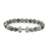 Micro Pave Men CZ Copper Beaded Dumbbell Bracelet 8mm Gray Stone Charm