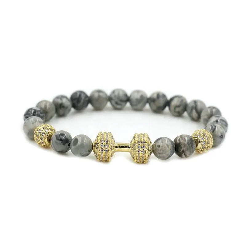 Micro Pave Men CZ Copper Beaded Dumbbell Bracelet 8mm Gray Stone Charm