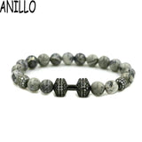 Micro Pave Men CZ Copper Beaded Dumbbell Bracelet 8mm Gray Stone Charm