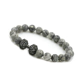 Micro Pave Men CZ Copper Beaded Dumbbell Bracelet 8mm Gray Stone Charm