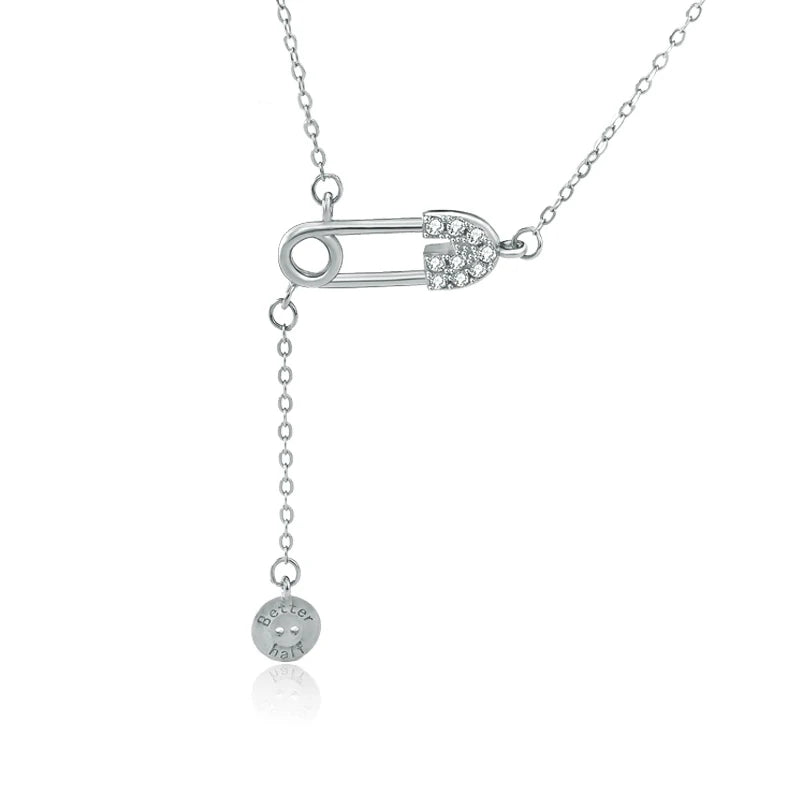 Diamond Paper Clip Sterling Silver Necklace with Tassel Chain