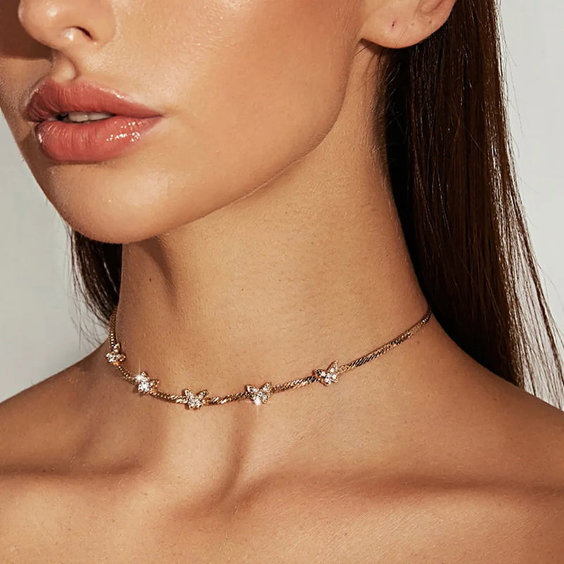 Micro Inlaid Geometric Necklace Short Snake Bone Chain Small Butterfly Necklace