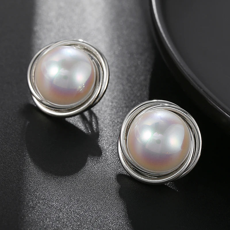 Mabe Pearl Clip Earrings Geometric Round Ear Clips