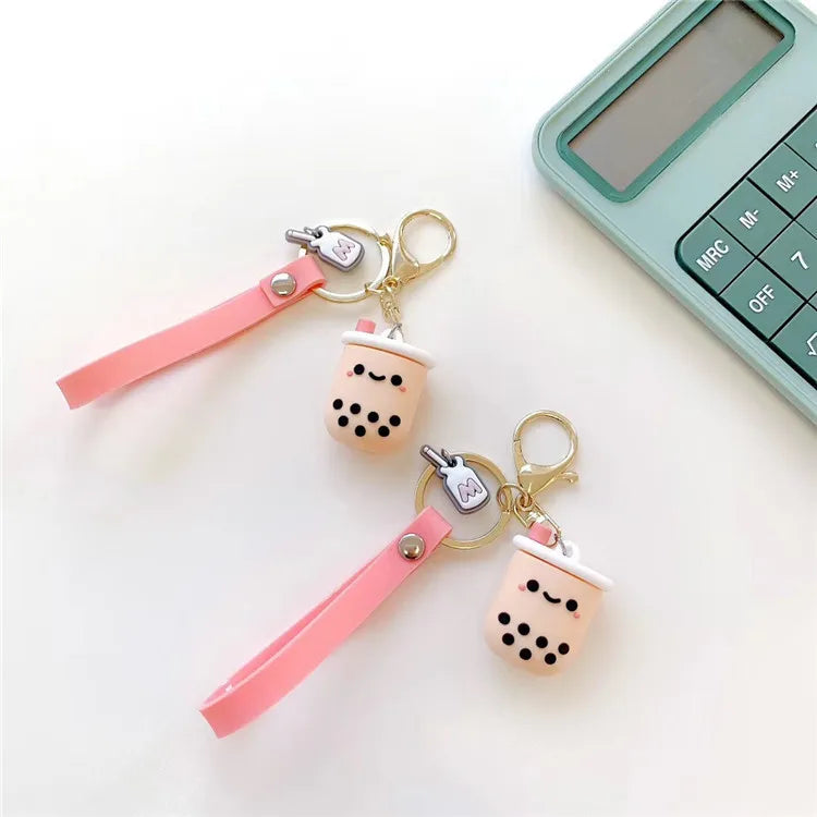 Milk Tea Cup Hanging Rope Keychain Wristlet Key Ring for Bag Hanging