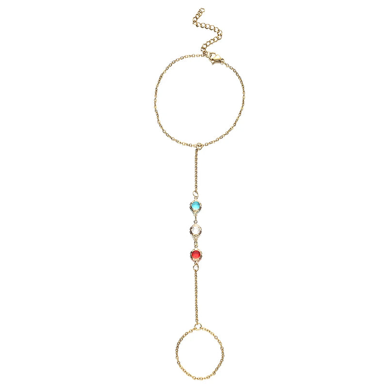 Colorful Crystal Link Chain Finger Bracelet Hand Jewelry