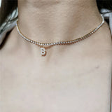Stainless Steel Crystal Choker Initial Alphabet Pendant Necklaces