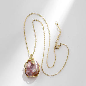 Pink Freshwater Pearl Pendant Necklace CZ Zircon Leaves Women Jewelry