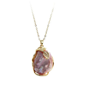Pink Freshwater Pearl Pendant Necklace CZ Zircon Leaves Women Jewelry
