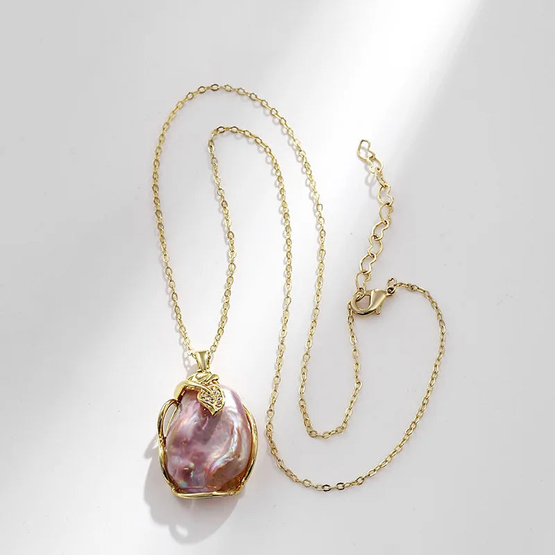 Pink Freshwater Pearl Pendant Necklace CZ Zircon Leaves Women Jewelry