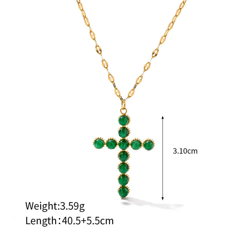 Simulated Pearl Green Stone Cross Pendant Necklace
