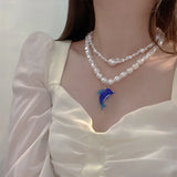 Dolphin Pendant Pearl Choker Necklace Double Layers