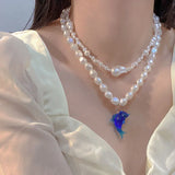 Dolphin Pendant Pearl Choker Necklace Double Layers