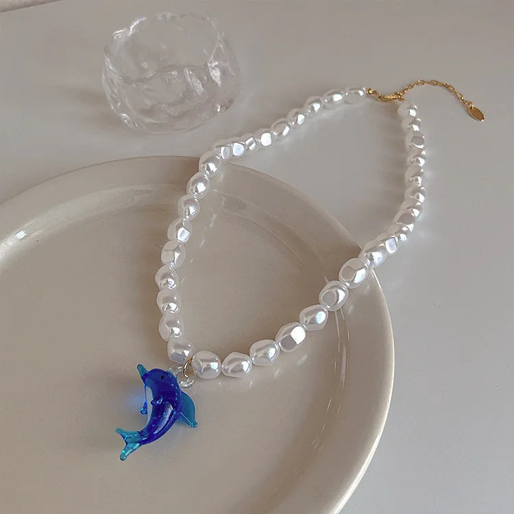 Dolphin Pendant Pearl Choker Necklace Double Layers
