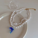 Dolphin Pendant Pearl Choker Necklace Double Layers