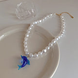 Dolphin Pendant Pearl Choker Necklace Double Layers
