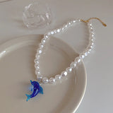 Dolphin Pendant Pearl Choker Necklace Double Layers