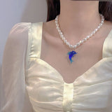 Dolphin Pendant Pearl Choker Necklace Double Layers