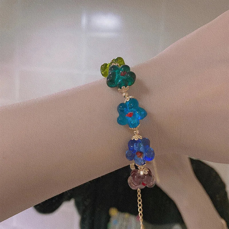 Multicolor Resin Flower Charm Bracelet Contrast Floral Beaded