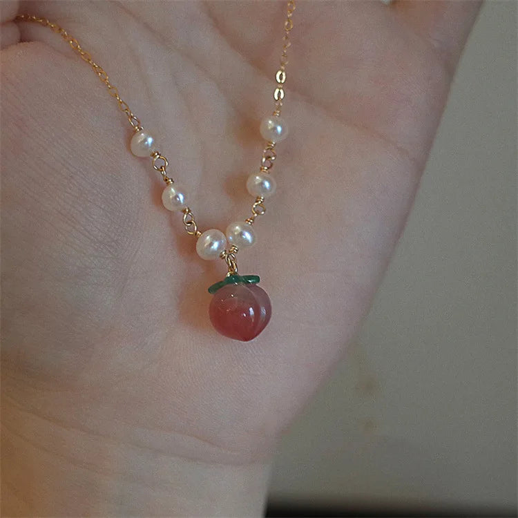 Romantic Freshwater Pearl Beaded Bracelet Pink Strawberry Stone Charm