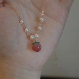 Romantic Freshwater Pearl Beaded Bracelet Pink Strawberry Stone Charm