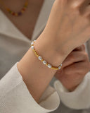 Dainty Baroque Pearl Beaded Bracelet 18K Plated Titanium Steel Strand Jewelry