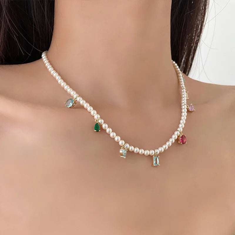 Minar Fantasy Candy CZ Strand Beaded Necklaces Women Pearl Choker Necklace