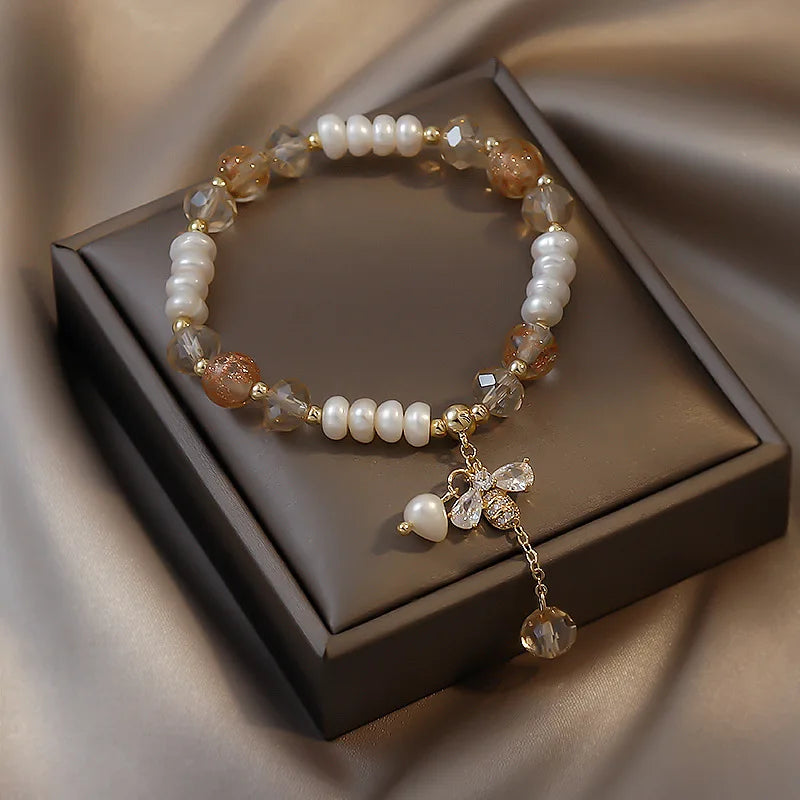 Minar Freshwater Pearl Glass Beaded Bracelet Clear Crystal Bee Charm Accessory