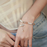 Minar Freshwater Pearl Glass Beaded Bracelet Clear Crystal Bee Charm Accessory