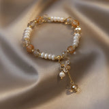 Minar Freshwater Pearl Glass Beaded Bracelet Clear Crystal Bee Charm Accessory