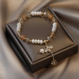 Minar Freshwater Pearl Glass Beaded Bracelet Clear Crystal Bee Charm Accessory