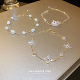 Minar INS 3 Designs CZ Crystal Flowers Bracelet with Pearl Beads
