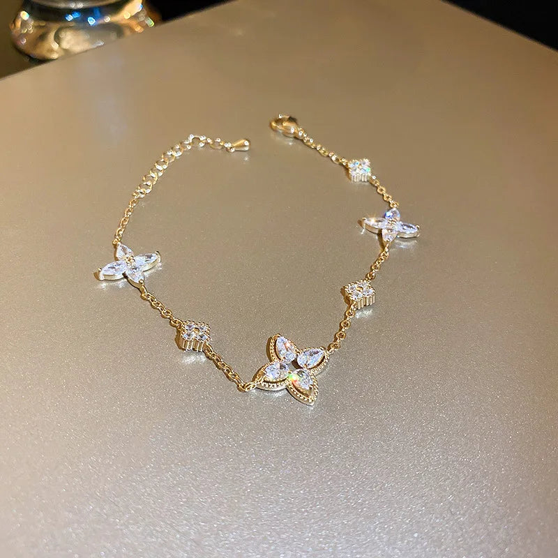 Minar INS 3 Designs CZ Crystal Flowers Bracelet with Pearl Beads