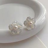 Minar Shell Flower Stud Earrings 14K Real Plated Brass Freshwater Pearl