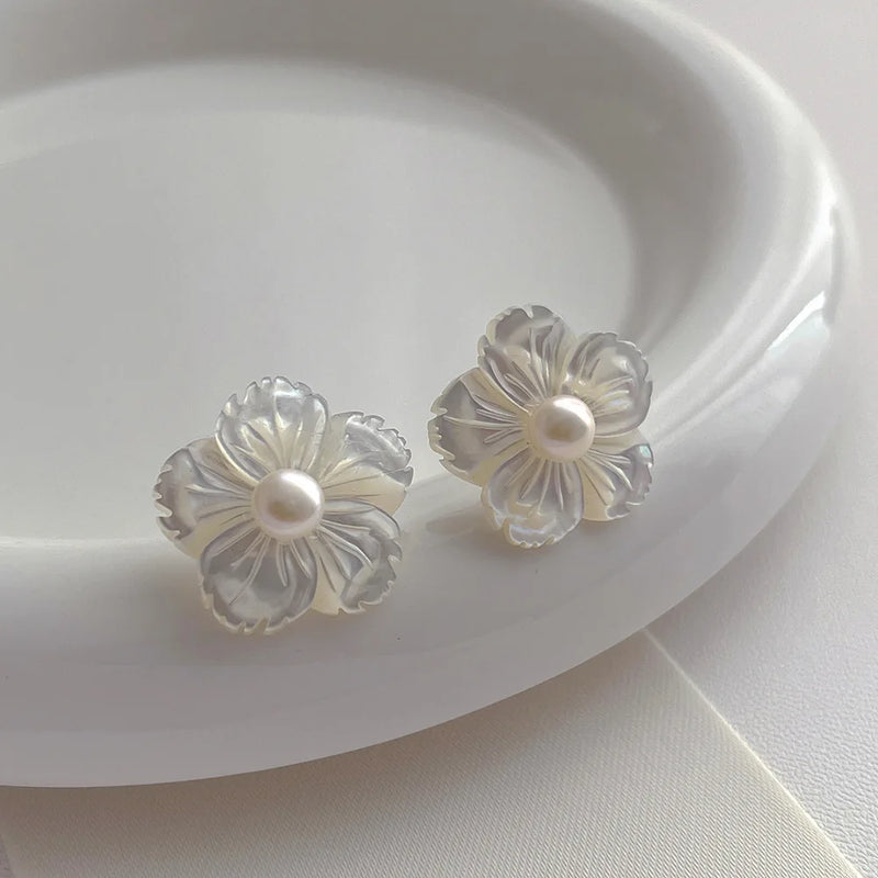 Minar Shell Flower Stud Earrings 14K Real Plated Brass Freshwater Pearl