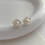 Minar Shell Flower Stud Earrings 14K Real Plated Brass Freshwater Pearl