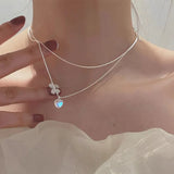 Korea Silver Acrylic Beads Pearl Choker Necklace Pink Heart Pendant