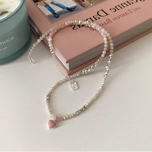 Korea Silver Acrylic Beads Pearl Choker Necklace Pink Heart Pendant