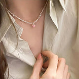 Korea Silver Acrylic Beads Pearl Choker Necklace Pink Heart Pendant