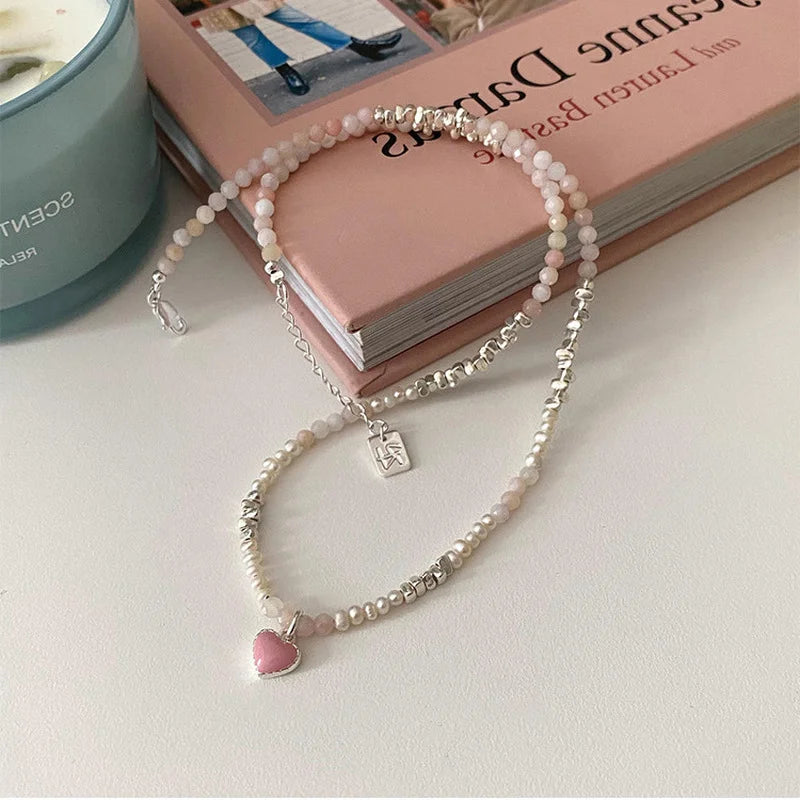 Korea Silver Acrylic Beads Pearl Choker Necklace Pink Heart Pendant