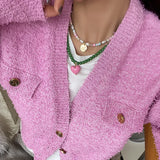 Korea Silver Acrylic Beads Pearl Choker Necklace Pink Heart Pendant