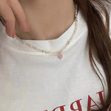 Korea Silver Acrylic Beads Pearl Choker Necklace Pink Heart Pendant