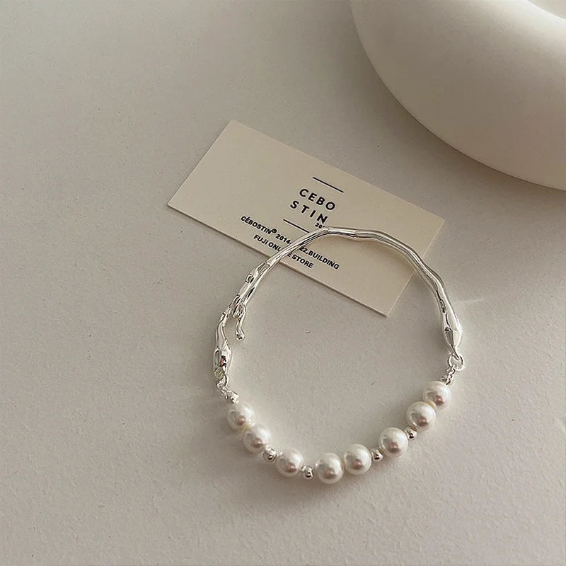 Minimalist Simulated Pearl Beaded Bracelet Silver Beads Charm Bracelets