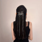 Punk Silver Butterfly Hair Sticks Green Rhinestones Tassel Hair Clips